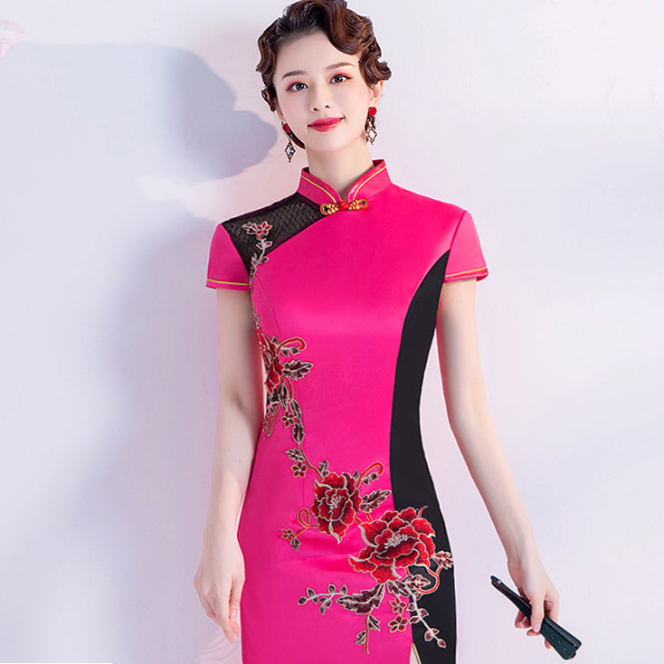 Cap Sleeve Floral Embroidery Cheongsam Top Mermaid Evening Dress