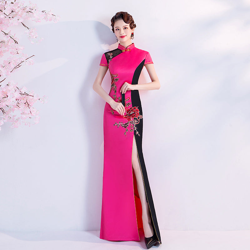Cap Sleeve Floral Embroidery Cheongsam Top Mermaid Evening Dress