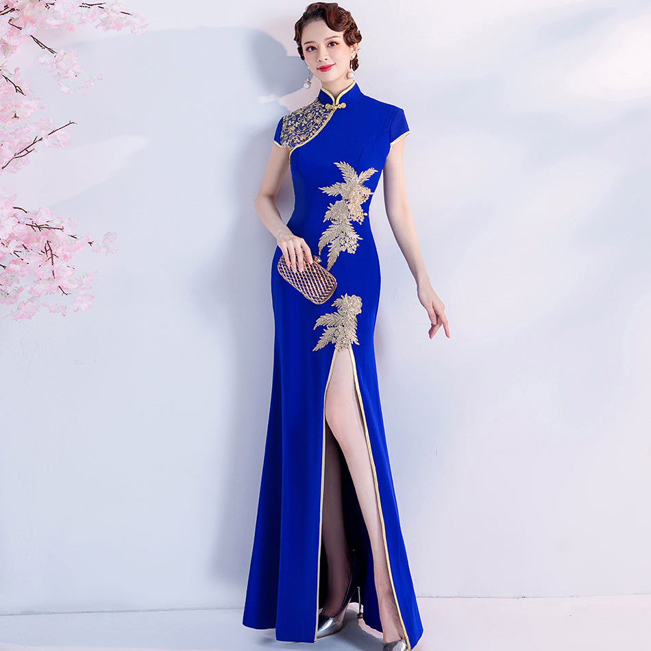 Floral Embroidery Appliques Cheongsam Top Mermaid Evening Dress