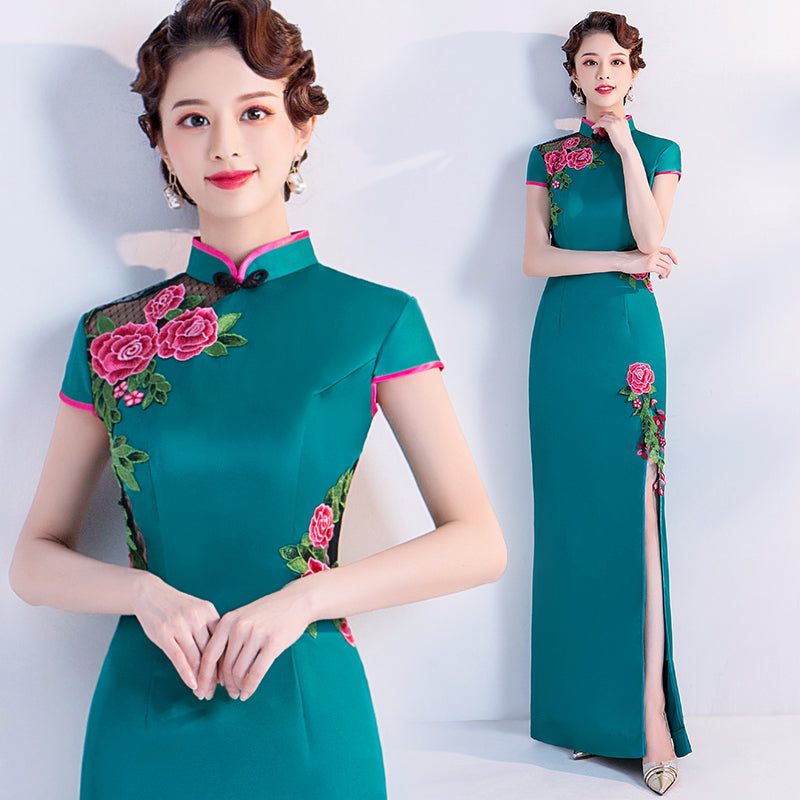 Floral Embroidery Appliques Cheongsam Top A-line Evening Dress