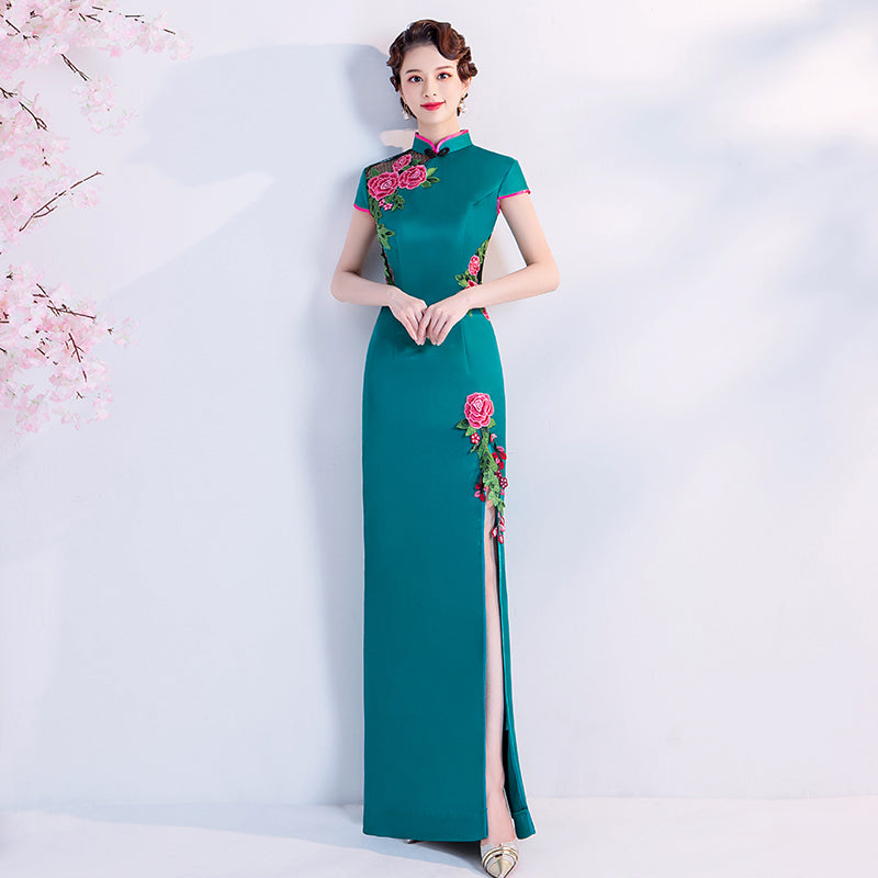 Floral Embroidery Appliques Cheongsam Top A-line Evening Dress