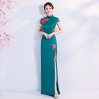 Floral Embroidery Appliques Cheongsam Top A-line Evening Dress