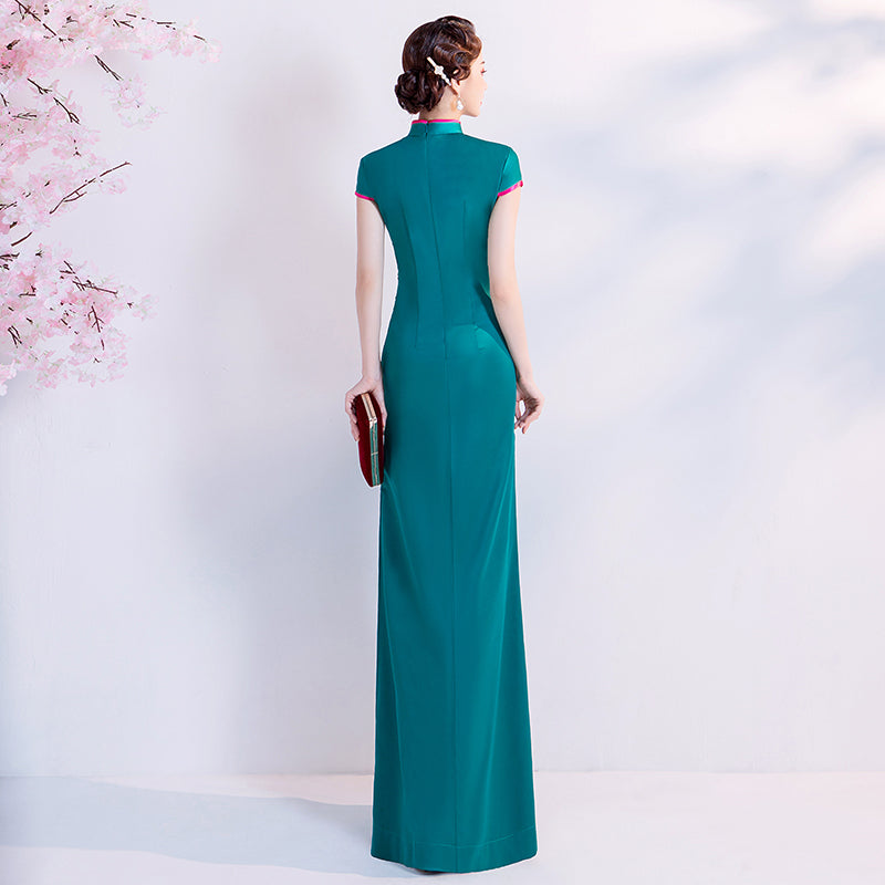 Floral Embroidery Appliques Cheongsam Top A-line Evening Dress