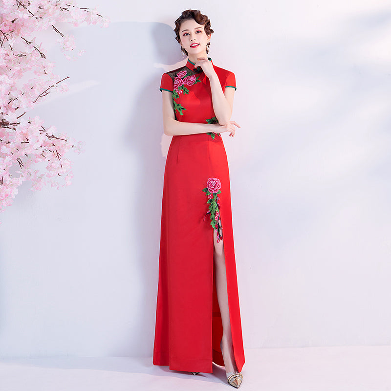 Floral Embroidery Appliques Cheongsam Top A-line Evening Dress