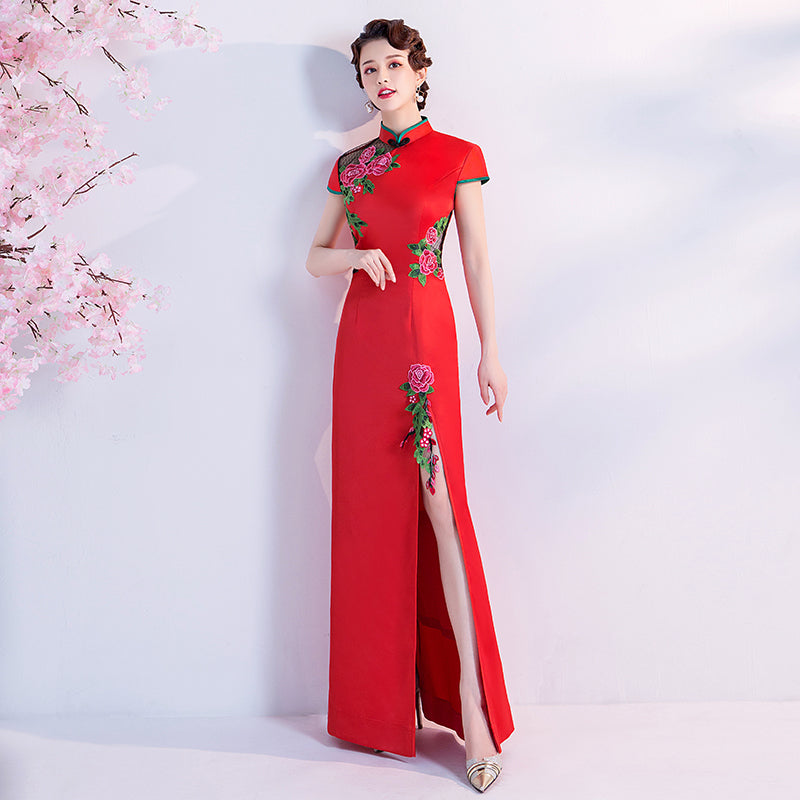 Floral Embroidery Appliques Cheongsam Top A-line Evening Dress