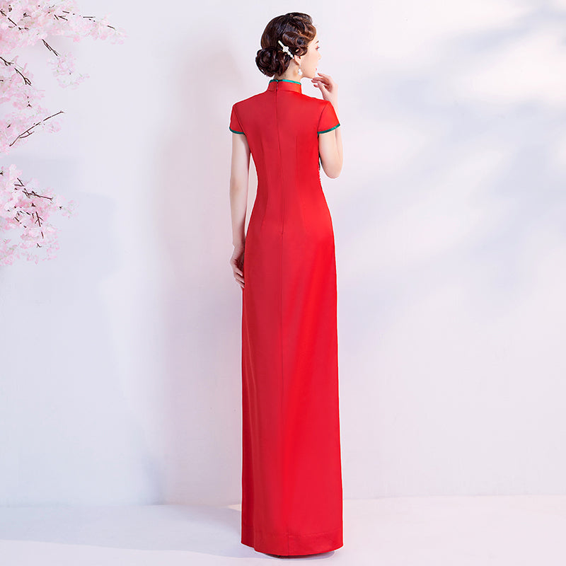 Floral Embroidery Appliques Cheongsam Top A-line Evening Dress