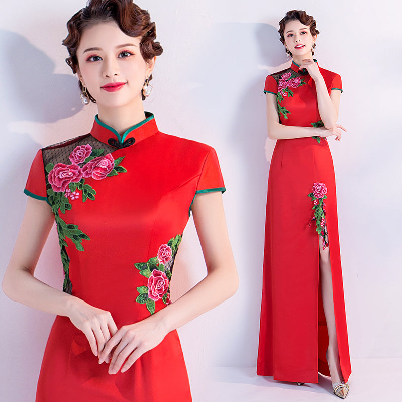 Floral Embroidery Appliques Cheongsam Top A-line Evening Dress