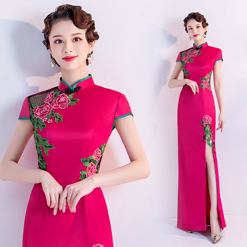Floral Embroidery Appliques Cheongsam Top A-line Evening Dress