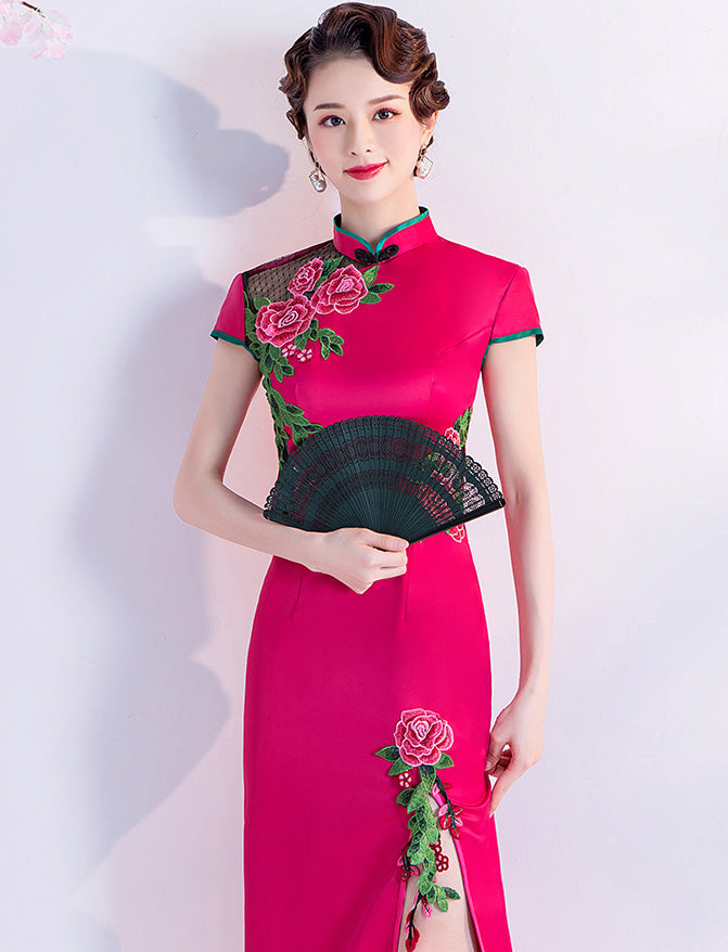 Floral Embroidery Appliques Cheongsam Top A-line Evening Dress