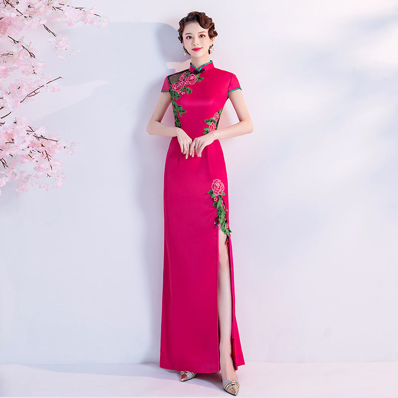 Floral Embroidery Appliques Cheongsam Top A-line Evening Dress