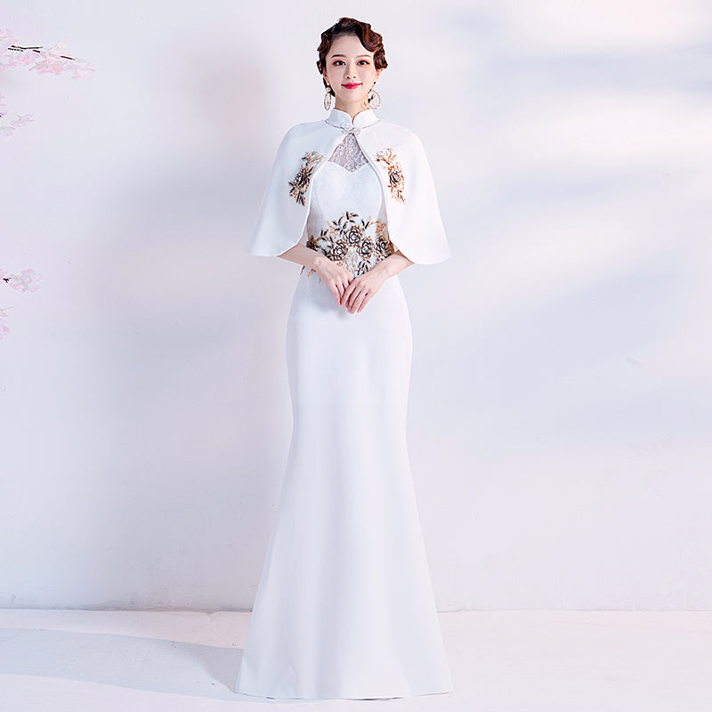 Floral Embroidery Appliques Lace Neck Mermaid Evening Dress with Cape
