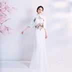 Floral Embroidery Appliques Lace Neck Mermaid Evening Dress with Cape