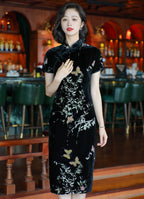 Elegant Retro Chinese Style Velvet Floral Daily Modified Qipao Cheongsam