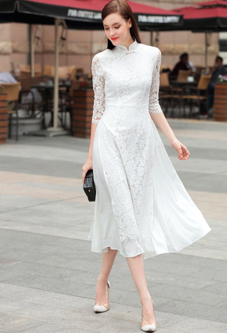 3/4 Sleeve Cheongsam Top Floral Lace Tea Length Ao Dai Dress