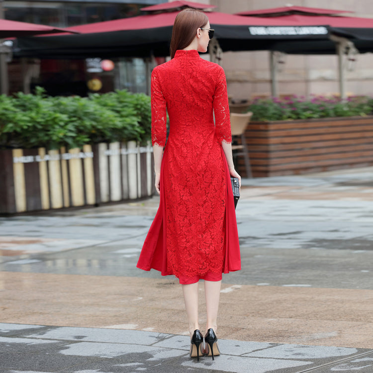 3/4 Sleeve Cheongsam Top Floral Lace Tea Length Ao Dai Dress
