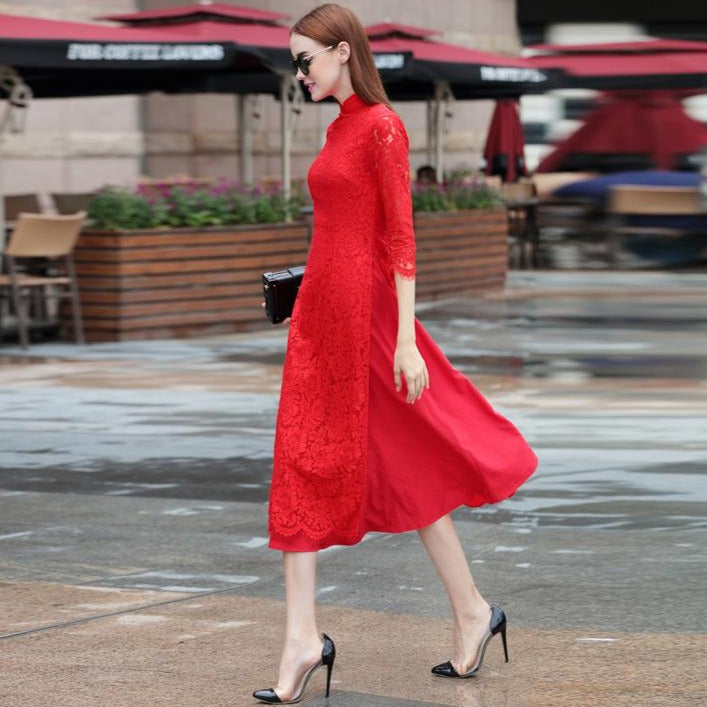 3/4 Sleeve Cheongsam Top Floral Lace Tea Length Ao Dai Dress