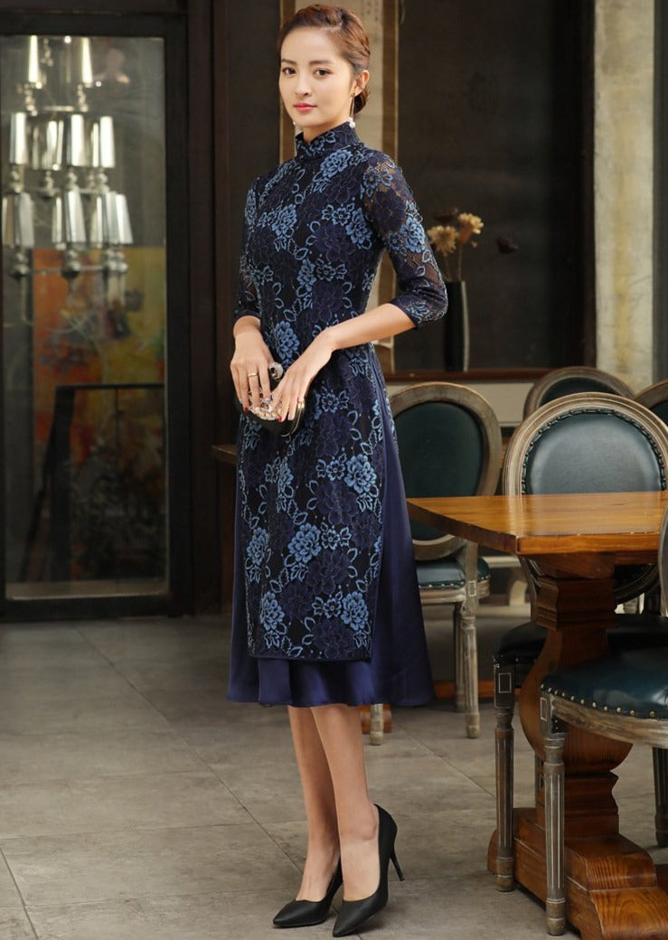 3/4 Sleeve Mandarin Collar Tea Length Floral Lace Ao Dai Dress