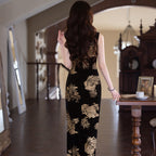 Elegant Vintage-Inspired Floral Velvet Cheongsam Slim-Fit Long Qipao