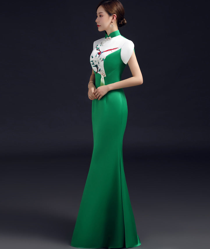 Bird & Floral Embroidery Cheongsam Top Mermaid Evening Dress with Tassel