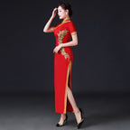 Floral Appliques Short Sleeve Full Length Cheongsam Chinese Prom Dress