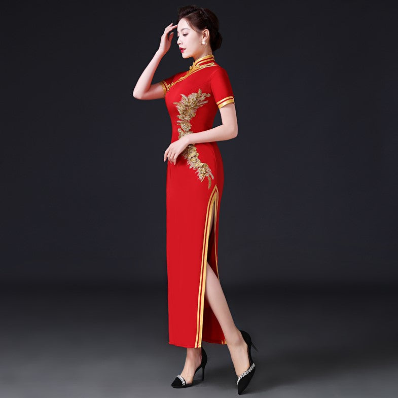 Floral Appliques Short Sleeve Full Length Cheongsam Chinese Prom Dress