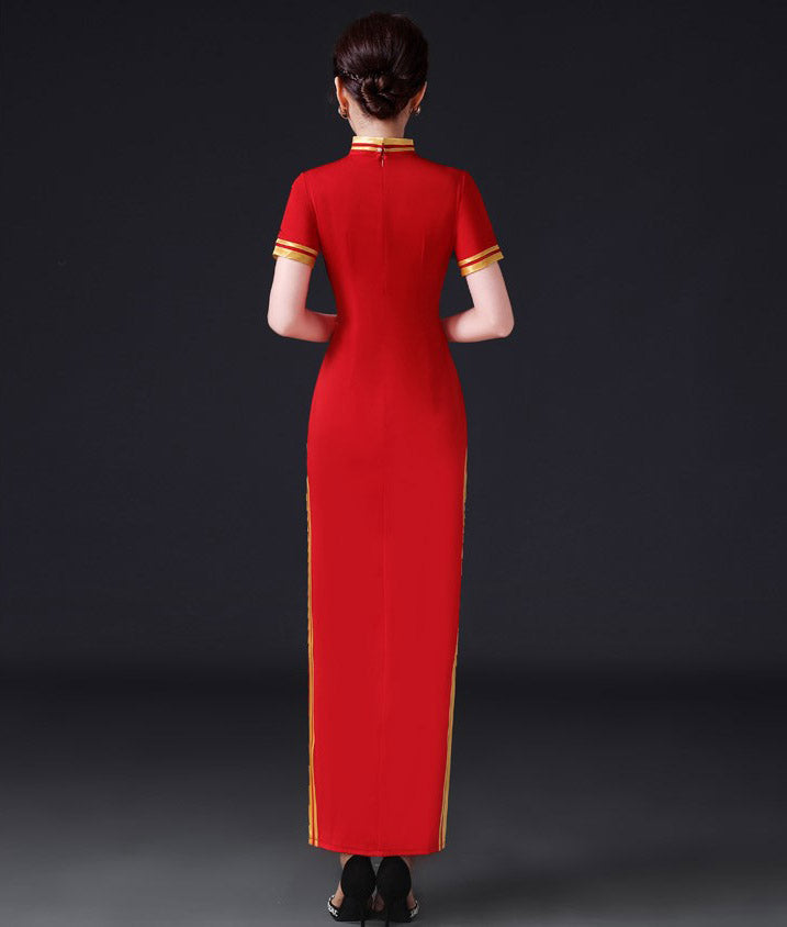 Floral Appliques Short Sleeve Full Length Cheongsam Chinese Prom Dress