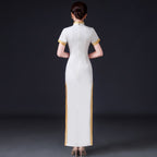 Floral Appliques Short Sleeve Full Length Cheongsam Chinese Prom Dress