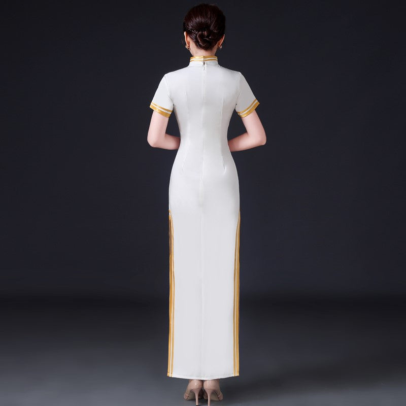 Floral Appliques Short Sleeve Full Length Cheongsam Chinese Prom Dress