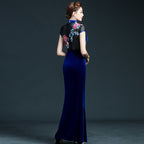 Cap Sleeve Open Front Mermaid Cheongsam Velvet Chinese Prom Dress