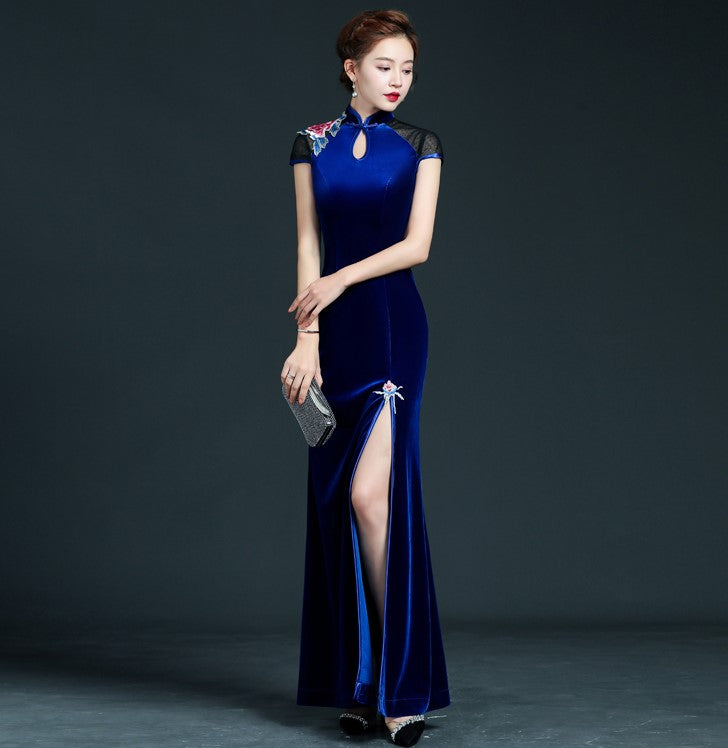 Cap Sleeve Open Front Mermaid Cheongsam Velvet Chinese Prom Dress