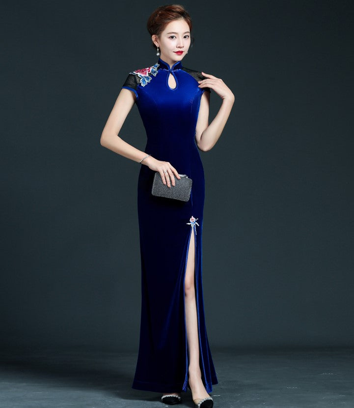 Cap Sleeve Open Front Mermaid Cheongsam Velvet Chinese Prom Dress