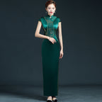 Cap Sleeve Floral Lace Stitching Brocade Mermaid Chinese Prom Dress