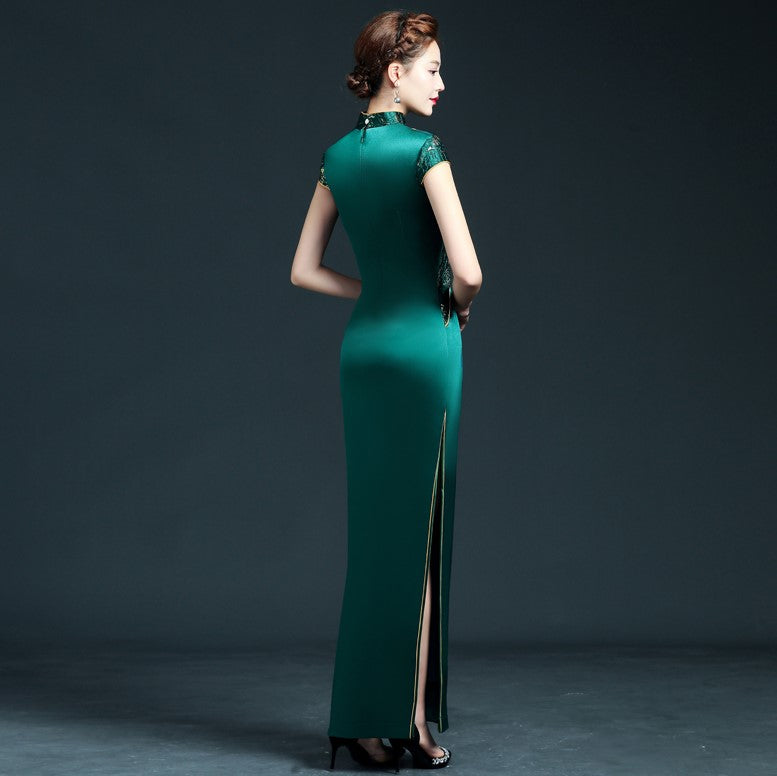 Cap Sleeve Floral Lace Stitching Brocade Mermaid Chinese Prom Dress
