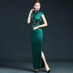 Cap Sleeve Floral Lace Stitching Brocade Mermaid Chinese Prom Dress