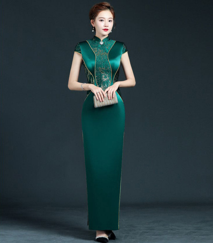 Cap Sleeve Floral Lace Stitching Brocade Mermaid Chinese Prom Dress