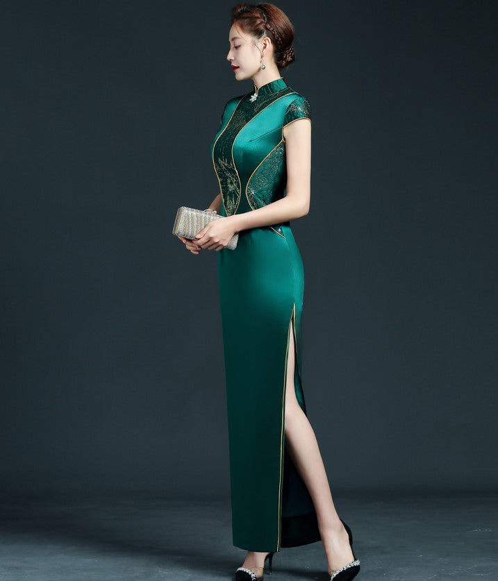 Cap Sleeve Floral Lace Stitching Brocade Mermaid Chinese Prom Dress