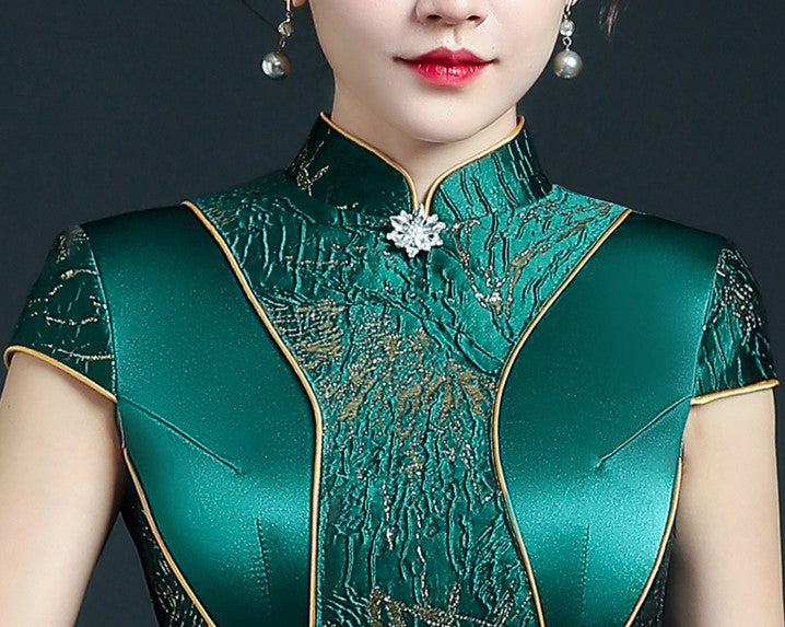 Cap Sleeve Floral Lace Stitching Brocade Mermaid Chinese Prom Dress