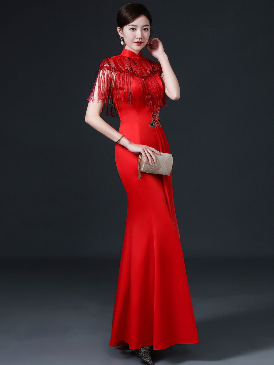 Floral Applique Brocade Mermaid Chinese Prom Dress with Sequins Tassels
