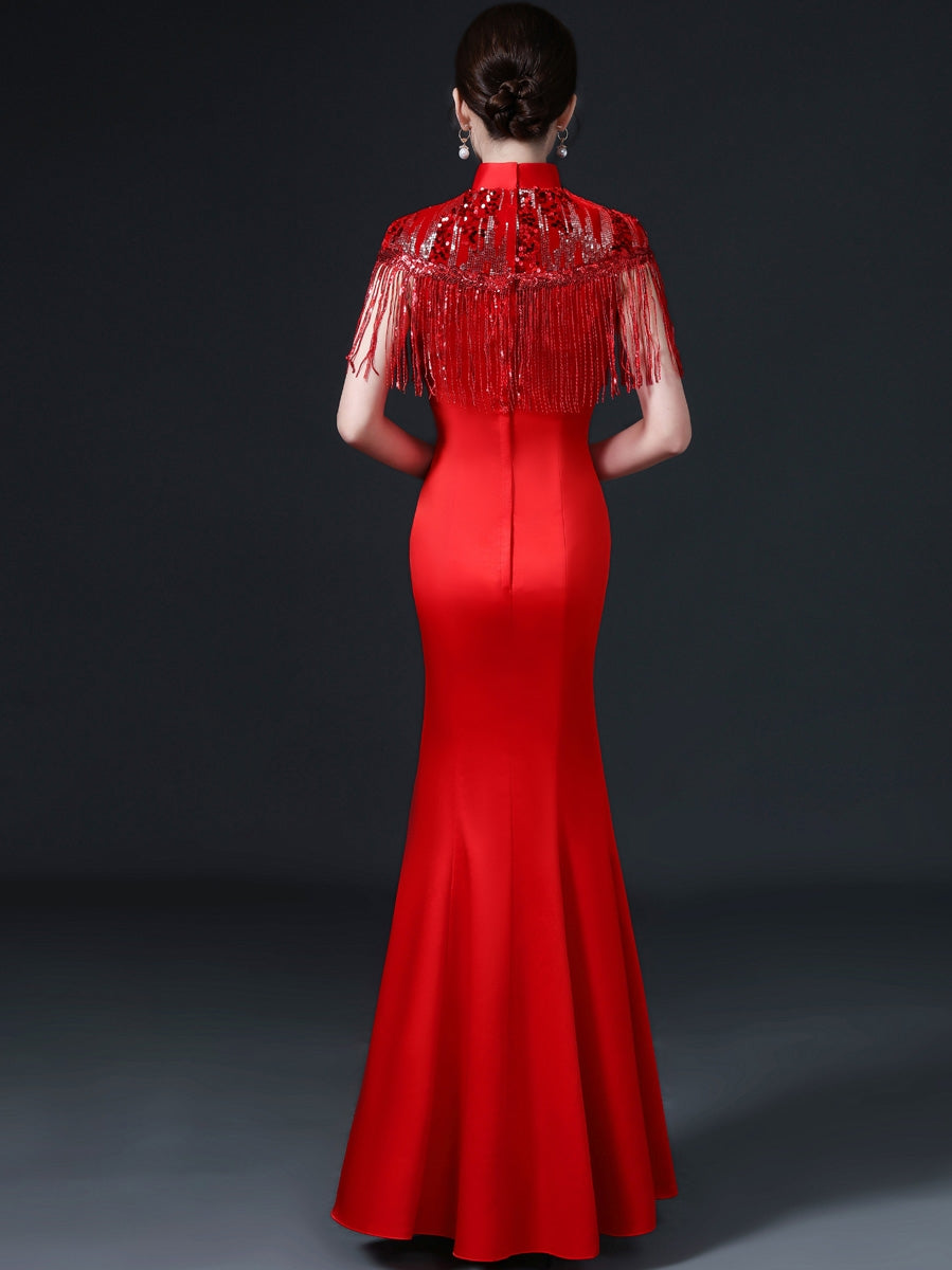 Floral Applique Brocade Mermaid Chinese Prom Dress with Sequins Tassels