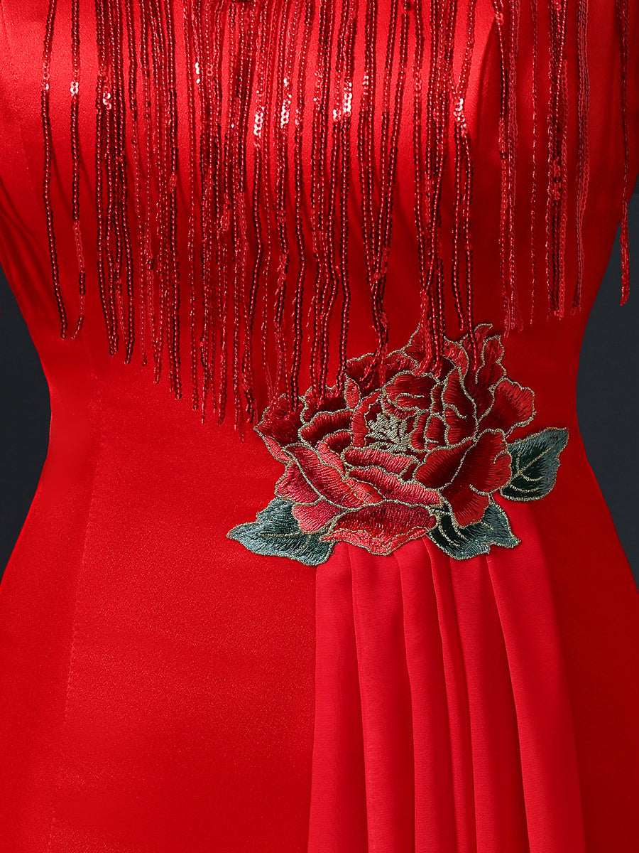 Floral Applique Brocade Mermaid Chinese Prom Dress with Sequins Tassels