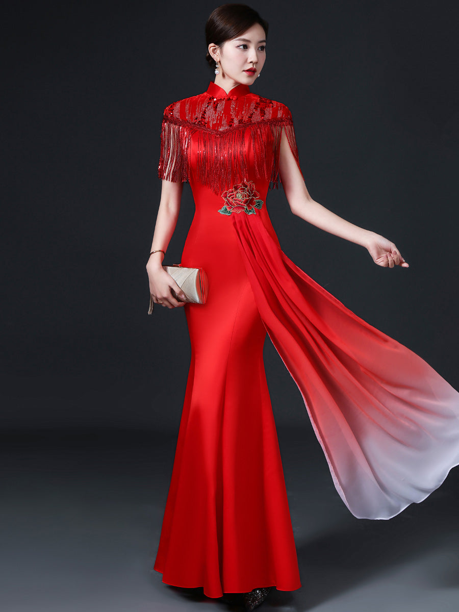 Floral Applique Brocade Mermaid Chinese Prom Dress with Sequins Tassels