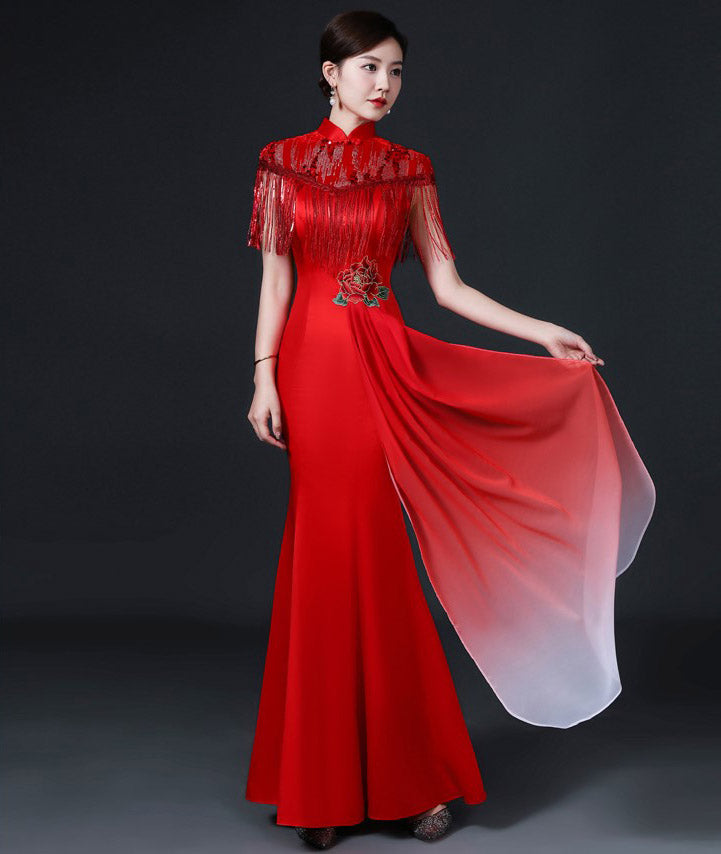 Floral Applique Brocade Mermaid Chinese Prom Dress with Sequins Tassels