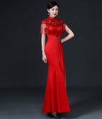 Floral Applique Brocade Mermaid Chinese Prom Dress with Sequins Tassels
