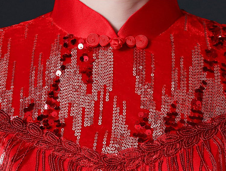 Floral Applique Brocade Mermaid Chinese Prom Dress with Sequins Tassels