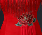 Floral Applique Brocade Mermaid Chinese Prom Dress with Sequins Tassels