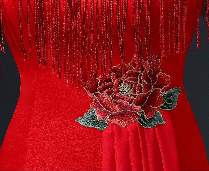 Floral Applique Brocade Mermaid Chinese Prom Dress with Sequins Tassels