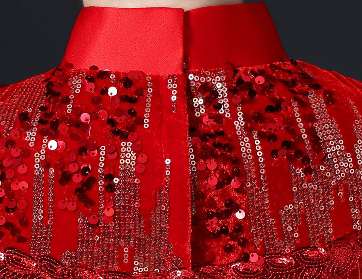 Floral Applique Brocade Mermaid Chinese Prom Dress with Sequins Tassels
