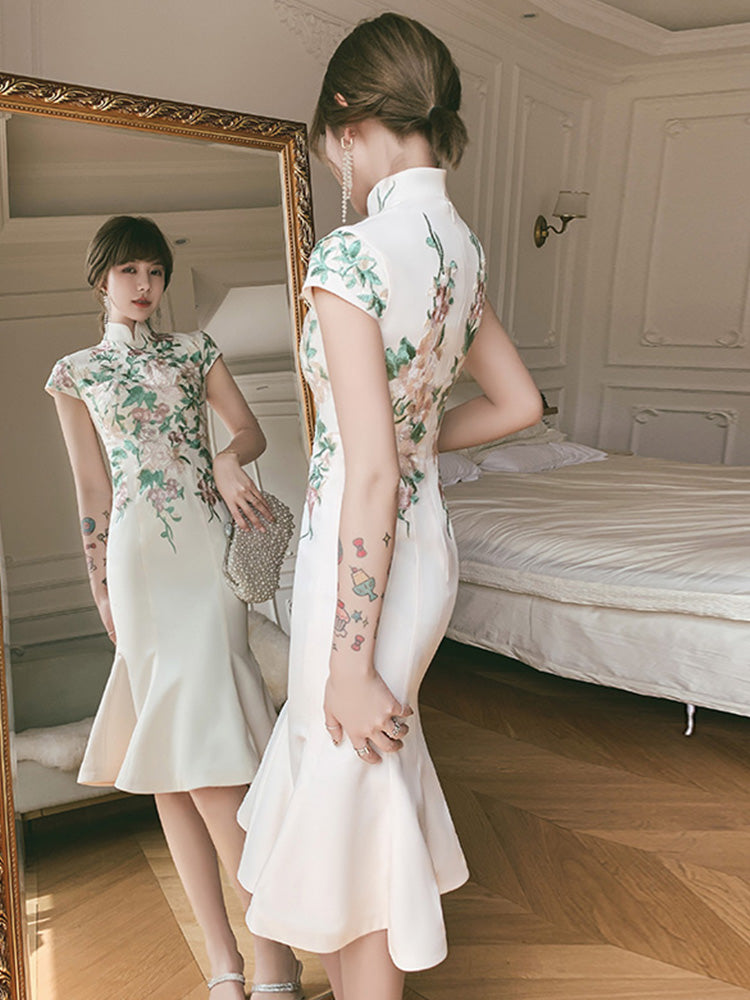 Cap Sleeve Floral Embroidery Cheongsam Top Mermaid Chinese Prom Dress