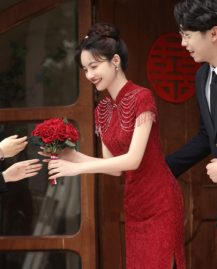 Cap Sleeve Floral Lace Cheongsam Toasting Dress Wedding Gown