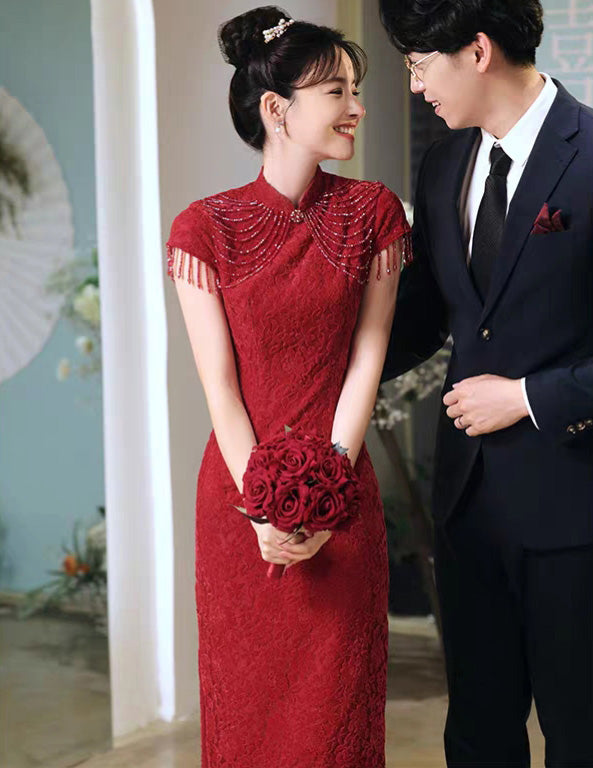 Cap Sleeve Floral Lace Cheongsam Toasting Dress Wedding Gown
